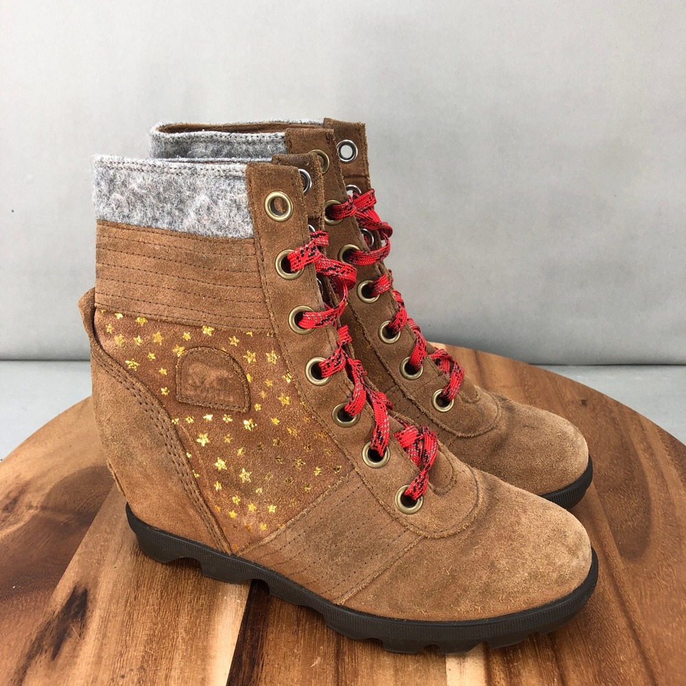 Sorel Lexie Wedge Booties Ankle Boots Suede Leather Brown Stars Girls Size 5